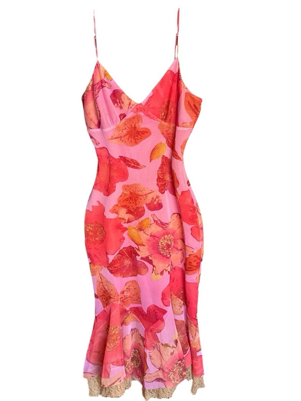 Laundry By Shelli Segal Pink & Coral Floral Slip Midi Dress Lace Hem Size 10